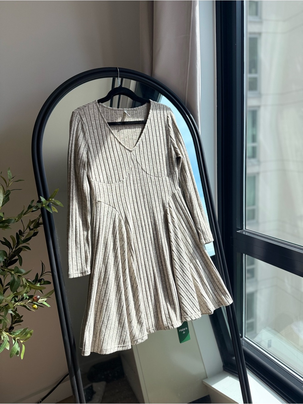 HALARA Neutral Beige Ribbed V‑Neck Flared Knit Dress - Picture 1 of 3